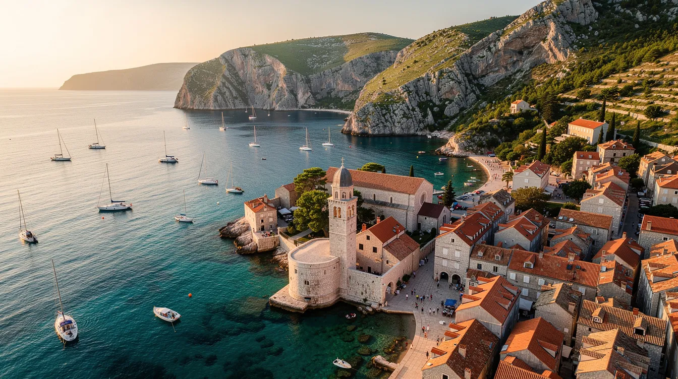 Imagem de uma bela paisagem croata, destacando as águas cristalinas do mar Adriático cercadas por montanhas verdes. Essa cena é um convite para uma viagem inesquecível, perfeita para quem busca destinos de turismo na Croácia, ideal para famílias e amantes da natureza.