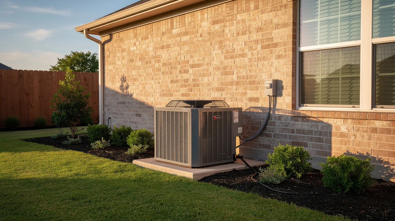 The image depicts a residential outdoor condenser unit situated next to a well-maintained suburban home in North Texas, showcasing the essential component of an HVAC system that helps regulate indoor air temperature. This outdoor unit is part of a central air conditioner, vital for cooling and energy efficiency, especially in warmer climates.