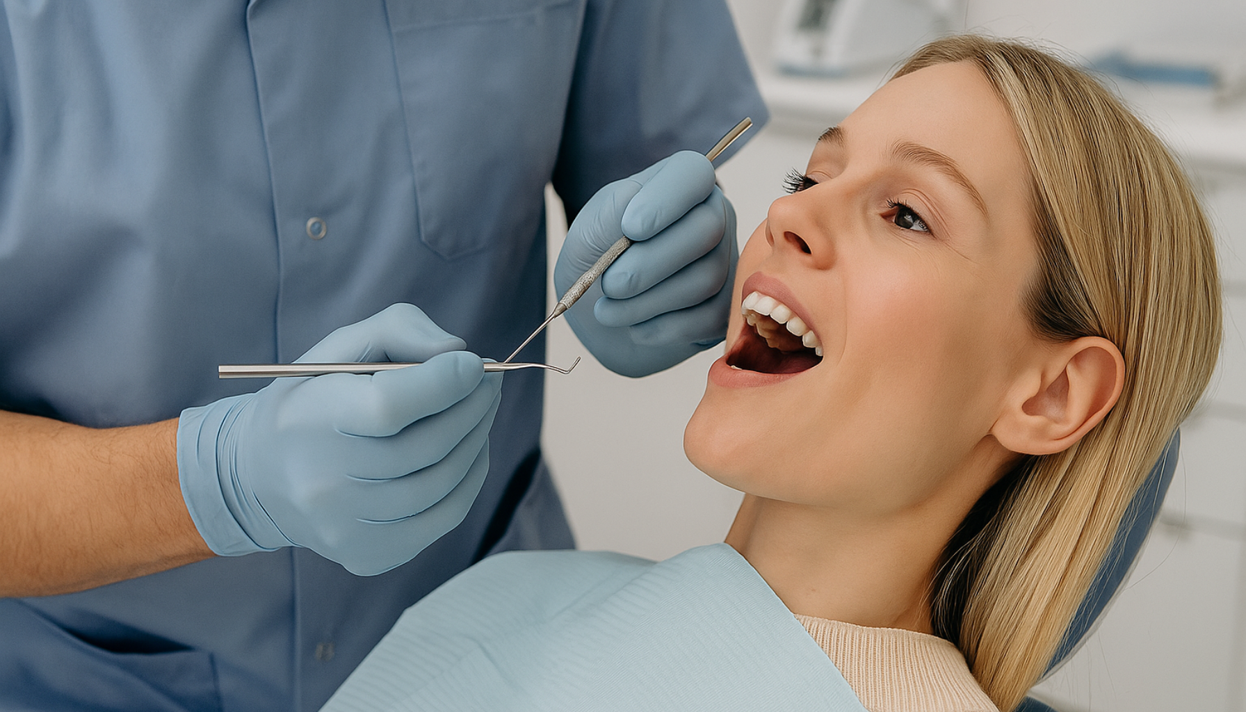Kvinne får tannsjekk av tannlege med hansker og instrumenter i moderne klinikk, smilende og avslappet i behandlingsstolen.