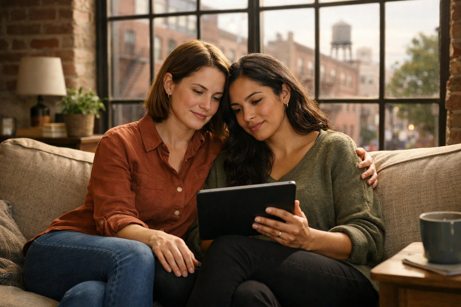 Lesbian couple in a Brooklyn apartment participating in online relationship therapy on a tablet.
