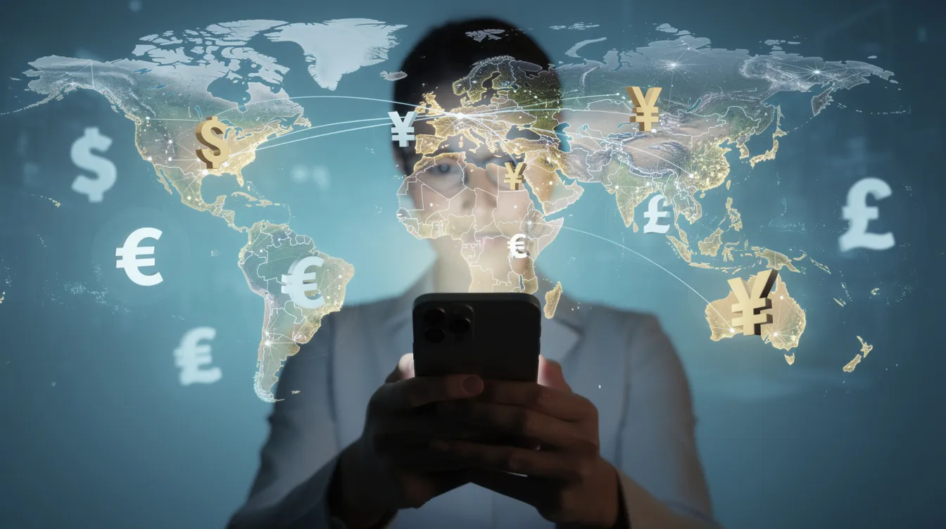 A person is using a smartphone with a world map and various currency symbols in the background, symbolizing the concept of international money transfers. This image represents the ease of sending money abroad and managing foreign exchange through digital platforms.