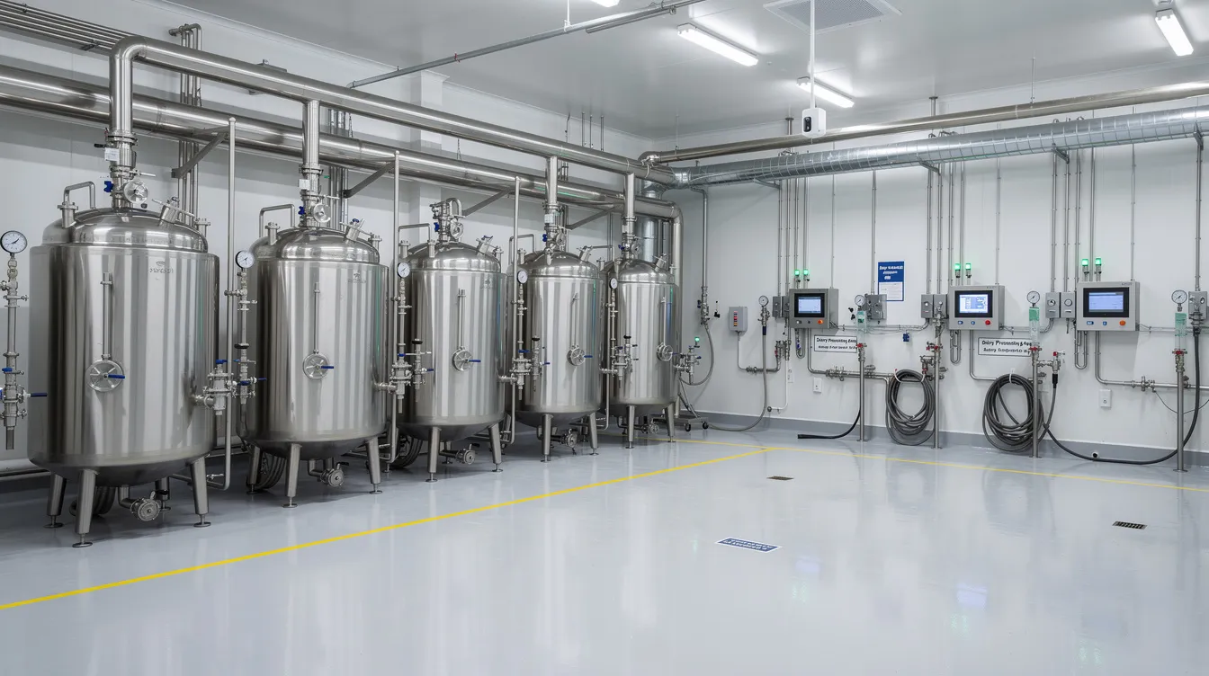 The image depicts the interior of a modern dairy processing facility, showcasing stainless steel tanks and intricate piping systems essential for the uht milk production process. This advanced milk processing plant is designed for operational efficiency, playing a crucial role in the manufacturing of various milk and dairy products, including milk powder and flavored milk.