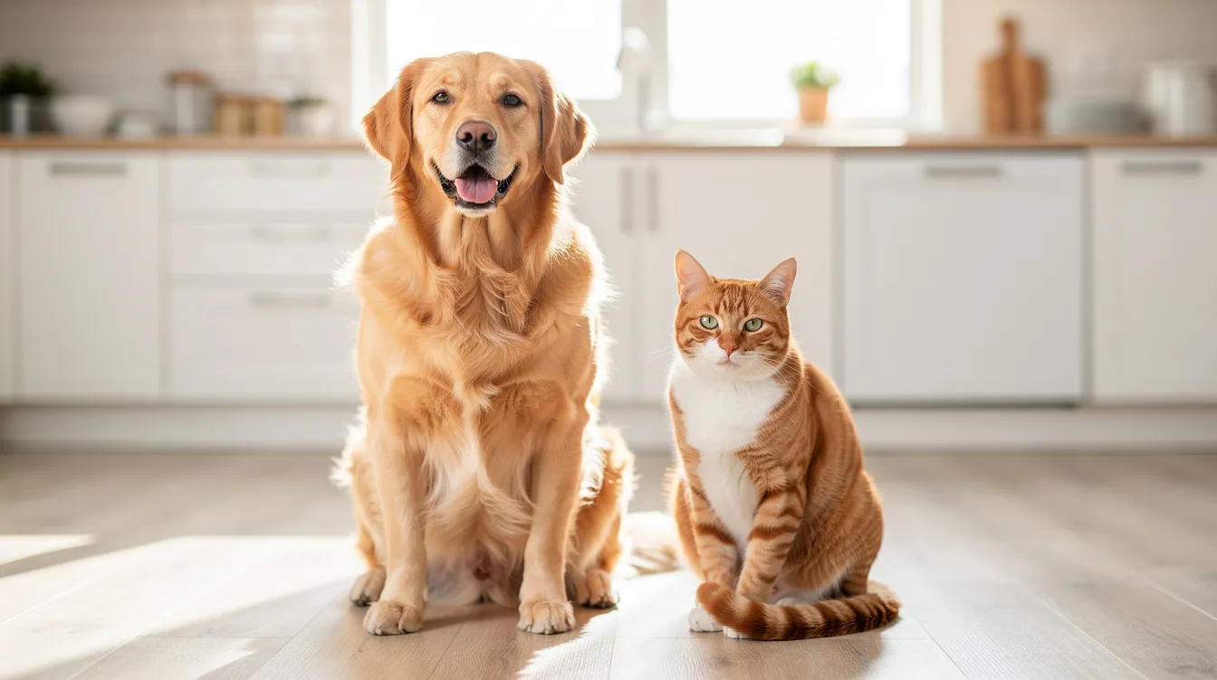 A golden retriever and a tabby cat are sitting side by side in a bright kitchen, creating a warm scene of companionship between these two furry friends. This image highlights the distinct dietary requirements of dogs and cats, reminding pet owners of the importance of feeding the right pet food for optimal health.