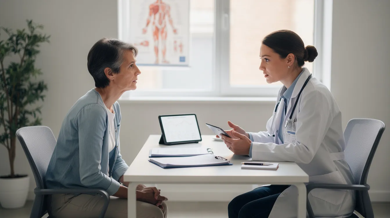 In a clinical office, a doctor and patient are seated across from each other, discussing treatment options for sleep disorders, particularly focusing on the underlying orexin deficiency associated with narcolepsy symptoms. The conversation likely includes references to recent clinical studies on orexin therapy and its impact on excessive daytime sleepiness and overall narcolepsy symptoms.