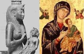 A side-by-side image of a statue of Isis and Horus and a painting of Mary and Jesus.