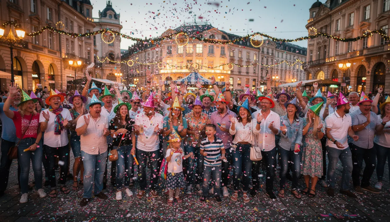 Na placu Puerta del Sol w Madrycie tłum ludzi w kolorowych czapeczkach świętuje sylwestra, rzucając konfetti w powietrze i ciesząc się z nadchodzącego nowego roku. Wszyscy są w radosnym nastroju, a atmosfera pełna jest tańców, życzeń i tradycyjnych winogron, które Hiszpanie zjadają o północy.