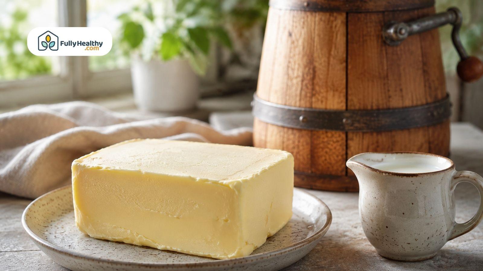 Fresh dairy butter beside cream and traditional wooden butter churn on countertop.