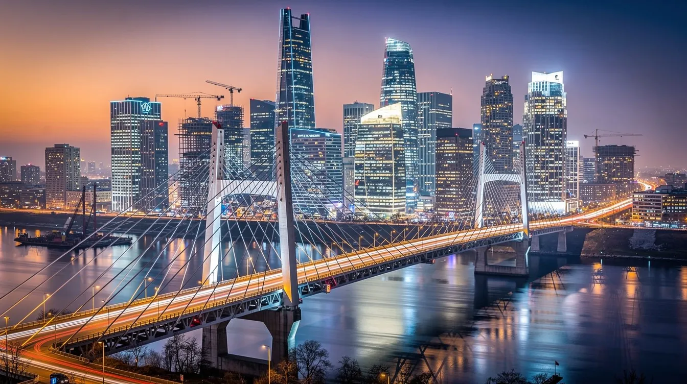 The image depicts a vibrant city skyline at dusk, showcasing illuminated modern buildings and bridges that highlight the innovative work of urban structural engineering. This scene reflects the engineering expertise and advanced solutions that contribute to the growth and aesthetic of urban environments.