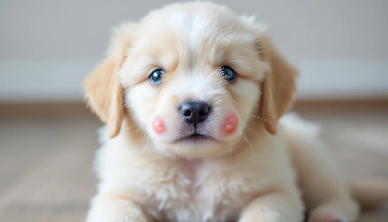 A young puppy is shown with small, visible growths around its mouth area, which may be indicative of canine warts caused by the canine papillomavirus. These oral papillomas are common in younger dogs and can be diagnosed by veterinarians.