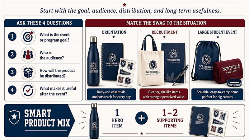 Choosing college swag, with tips for matching swag to the event, audience, and distribution. Includes examples of products for orientation, recruitment, and large student events, featuring items like water bottles, tote bags, and notebooks.