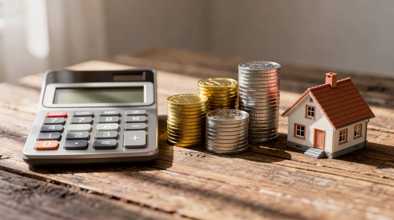 The image features a calculator placed next to a stack of coins and a small model house on a wooden table, symbolizing the financial considerations involved in property purchases and bridging loans. This setup highlights the importance of calculating costs and securing funding for real estate transactions.