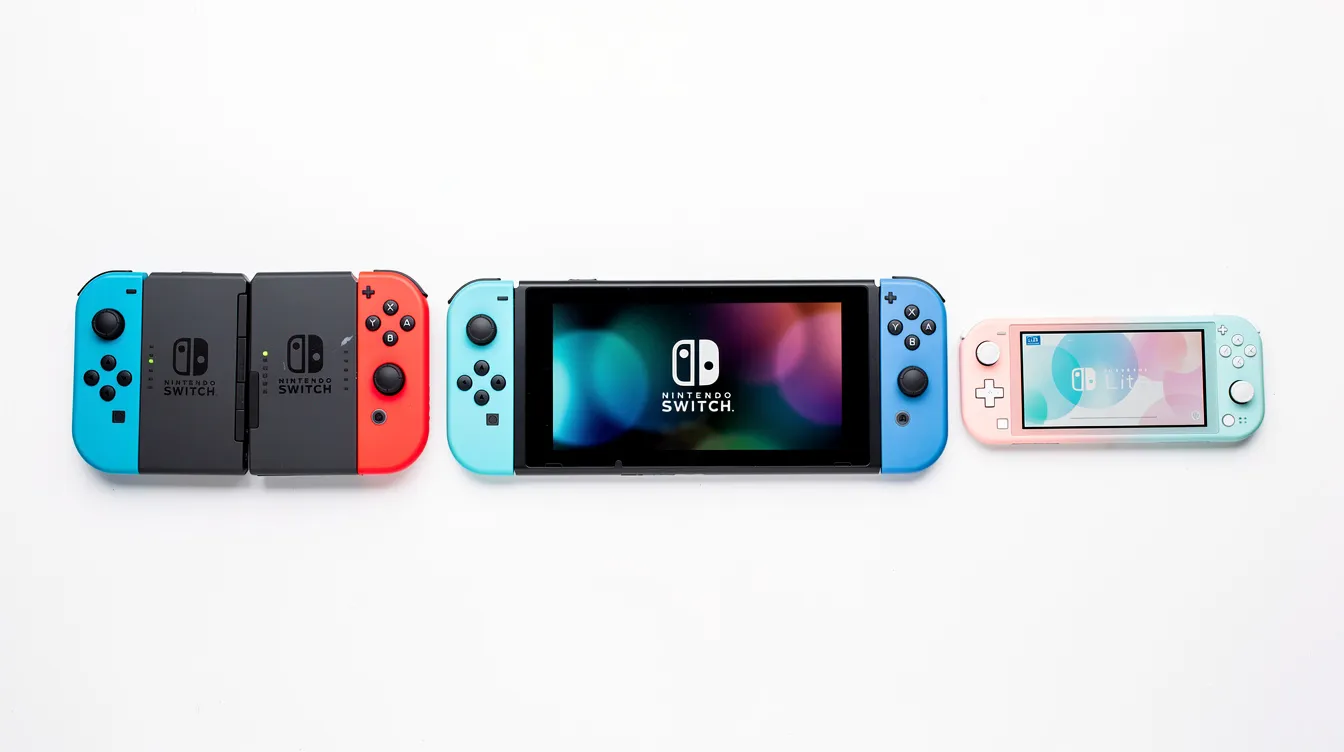 The image features multiple Nintendo Switch models, including the Nintendo Switch Lite and OLED model, neatly arranged side by side on a clean white surface. Each console showcases its unique design and vibrant colors, perfect for handheld play and gaming experiences like Mario Kart and Animal Crossing.