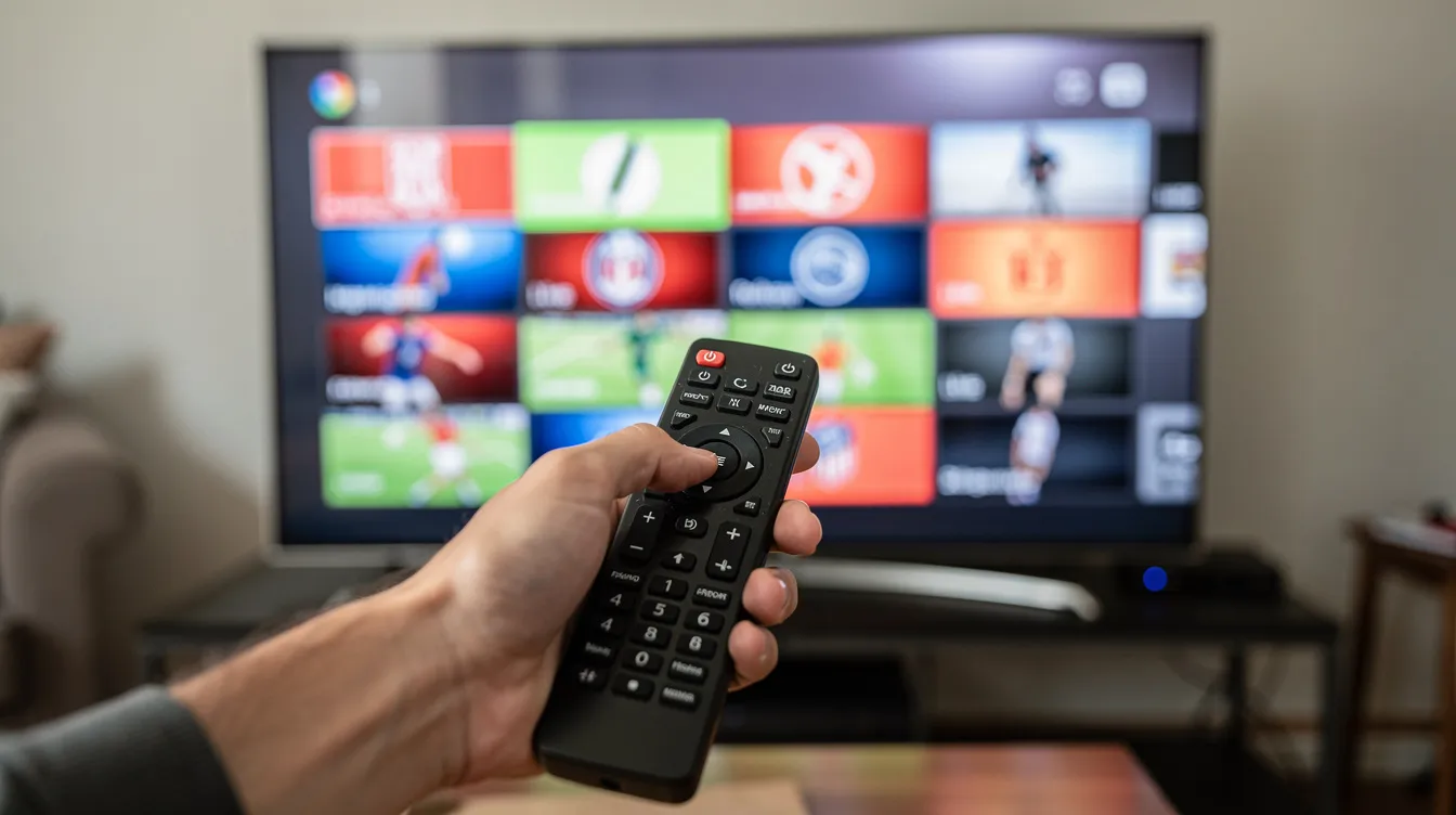 A close-up view of a hand holding a TV remote control aimed at a large screen displaying a grid of sports channels, highlighting the convenience of using an IPTV service for Canadian viewers. The image emphasizes the ease of navigating through various entertainment options available through internet protocol television.