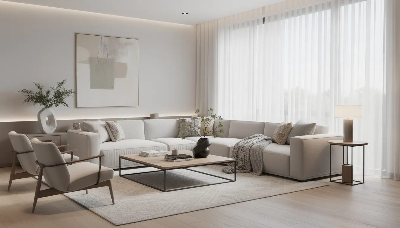 The image depicts a modern living room featuring a spacious sectional sofa and designer furniture, showcasing high-value items that contribute to the household's aesthetic and comfort. This stylish space may be part of a household goods descriptive inventory for home insurance purposes, highlighting the presence of valuable furnishings.