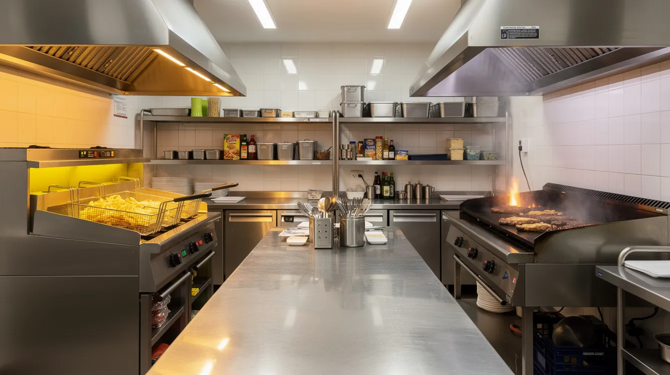 L'image montre une cuisine professionnelle de snack, équipée de matériel en inox, avec une friteuse et une plancha en fonctionnement, illustrant l'activité dynamique de la restauration rapide. On peut y apercevoir divers équipements de cuisson, témoignant de la préparation de plats tels que des frites et des hot dogs.