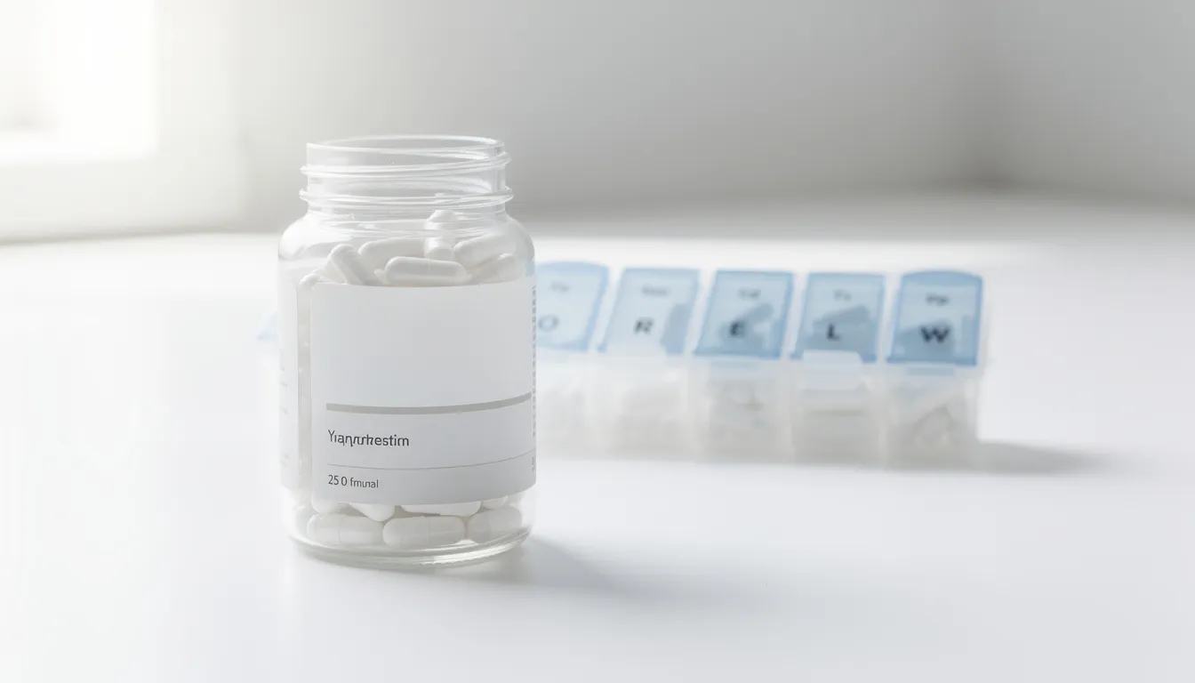 The image features a glass jar filled with white NMN capsules, emphasizing the convenience and stability of capsule supplements. In the background, a weekly pill organizer is visible, highlighting the importance of consistent dosing for health goals.
