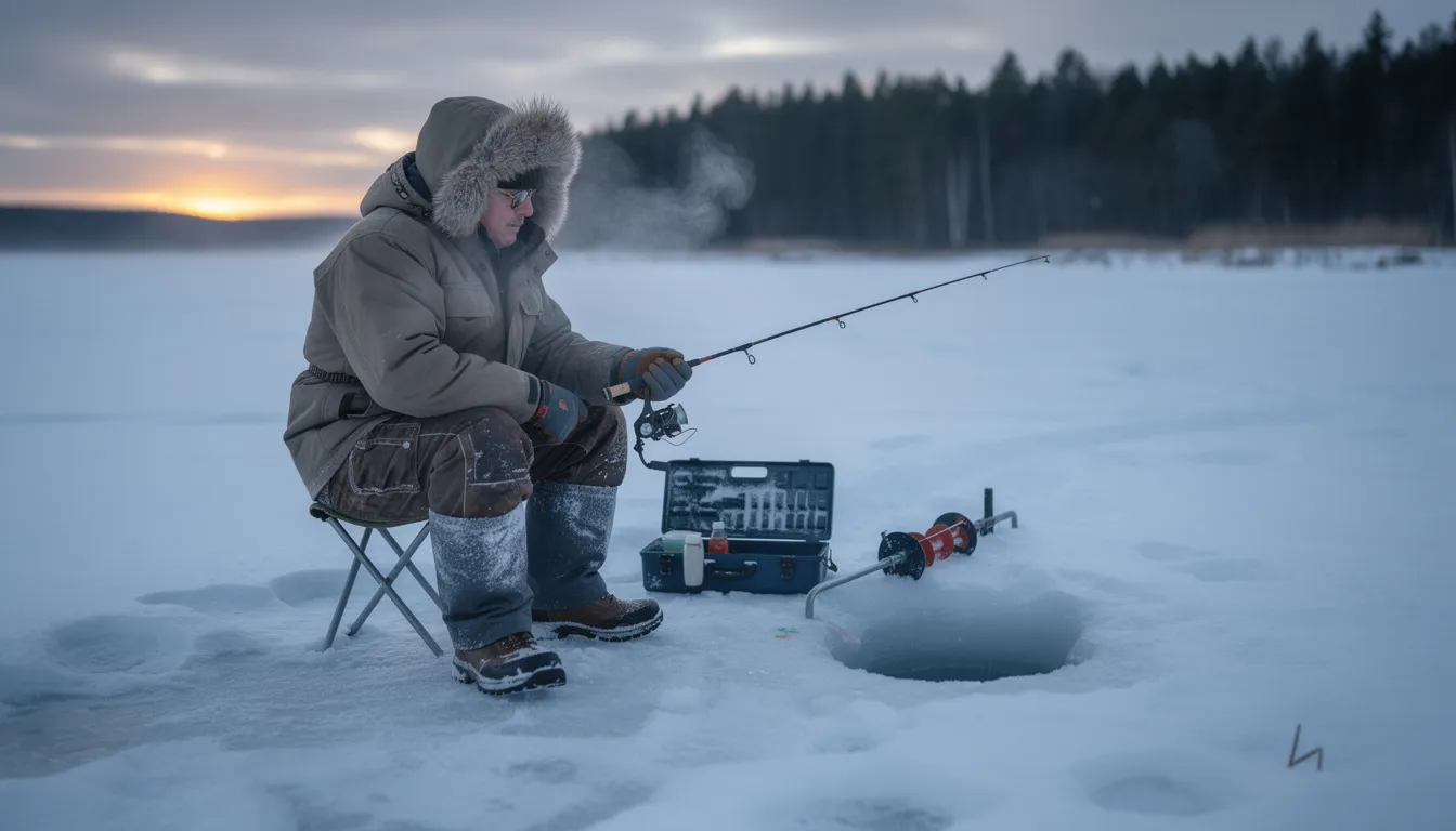 Na obrazie wędkarz ubrany w ciepłe odzież zimową stoi na zamarzniętym jeziorze, trzymając w ręku wędkę, gotowy do łowienia ryb podlodowego. W tle widać śnieżne krajobrazy oraz inne osoby zajmujące się wędkarstwem, co podkreśla atmosferę zimowego łowienia.