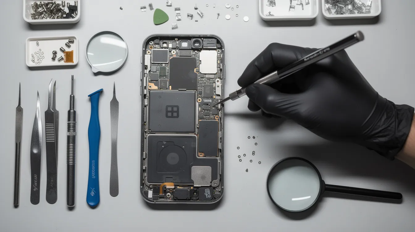 A technician is meticulously repairing a smartphone using precision tools on a clean workbench, showcasing the importance of skill and attention to detail in the small business of mobile device repair. This scene highlights a successful business idea that requires minimal investment and can cater to high demand in local markets.