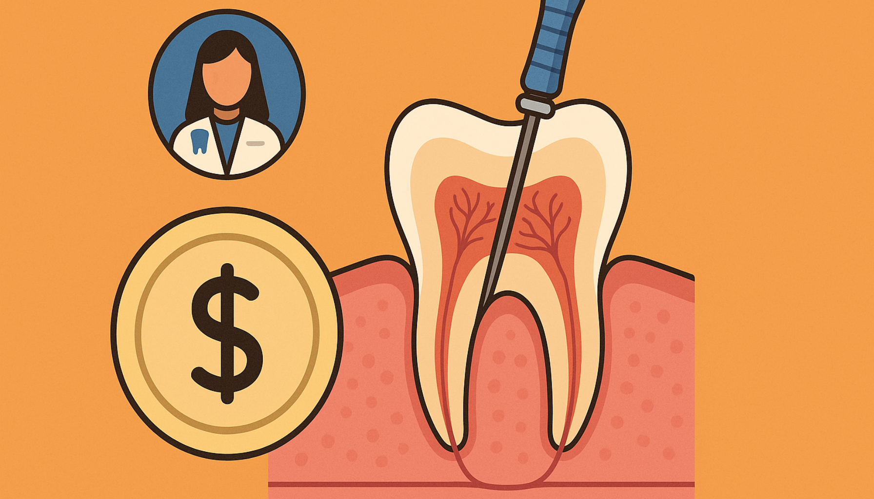 Rotfylling Pris: Hva Betaler Du Egentlig For? (Og Er Det Verdt Det?) 14 Illustrasjon av rotfyllingsprosedyre med tannstruktur, tannlegeportrett og pengesymbol som viser kostnader ved behandlingen.