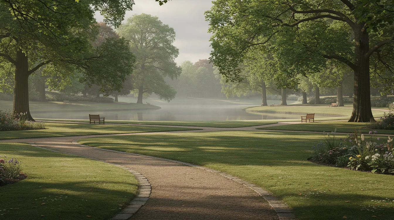 Um parque inglês apresenta caminhos sinuosos ladeados por árvores frondosas, com um lago tranquilo ao fundo, evocando a beleza da natureza e a serenidade do ambiente. Este cenário é ideal para uma visita relaxante, destacando a harmonia entre os elementos naturais e a arquitetura ao redor.