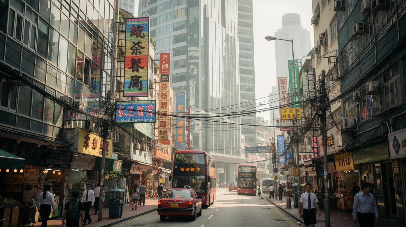The image depicts a bustling modern commercial district in Hong Kong, featuring sleek office buildings towering above a vibrant street level filled with small shops and eateries. This dynamic environment reflects the city's business landscape, where 中小企業 can explore various financing options, including 中小企貸款 and 信貸擔保產品, to support their growth.