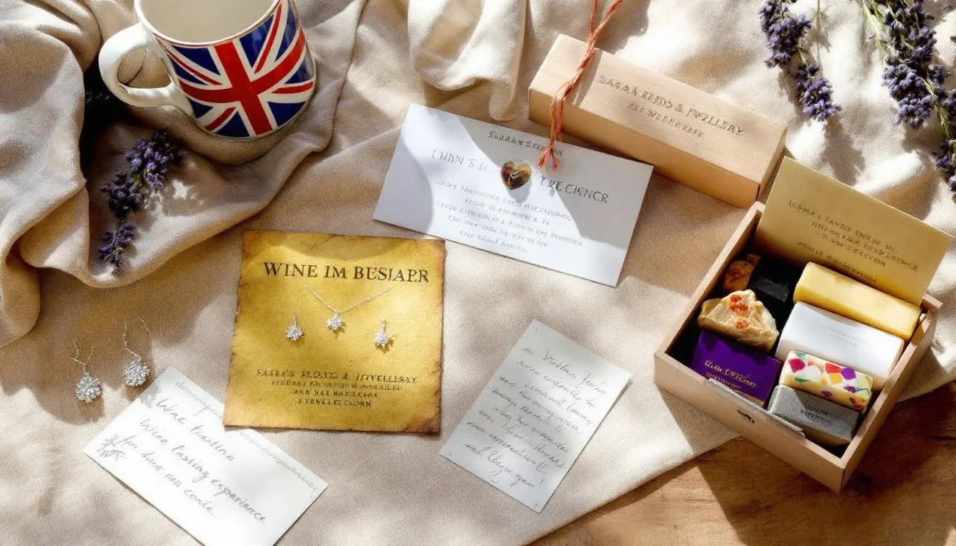 The image showcases a beautifully arranged display of unique, handcrafted jewellery pieces, including necklaces, earrings, and rings, perfect presents for loved ones. Surrounding the jewellery are elegant gift cards and experience day vouchers, highlighting the charm of British small businesses and offering memorable gift options for the whole family.
