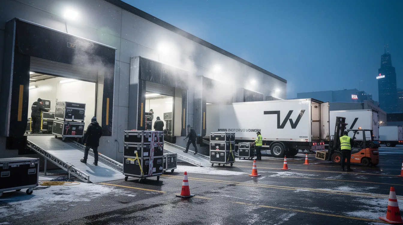 The image depicts a large professional event venue's loading dock area during winter, where production trucks are parked and equipment cases are being moved inside, highlighting the logistical efforts of a corporate event production company. The scene captures the essence of live event production, showcasing the technical teams preparing for an upcoming event with various audio visual equipment.
