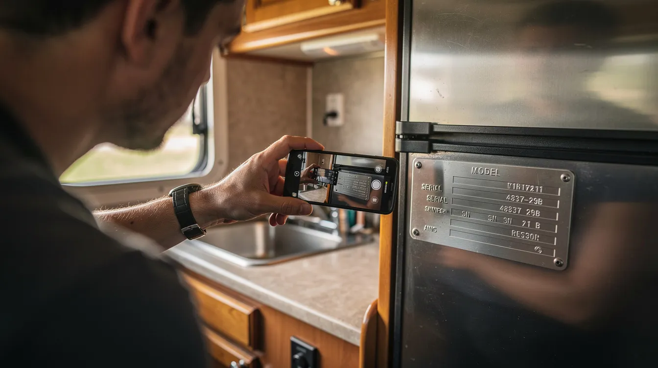 An RV owner is capturing a photograph of an appliance serial number plate located inside the kitchen of their camper, highlighting the importance of mobile RV repair and routine maintenance for efficient RV service. The image emphasizes the owner's proactive approach to ensuring their motorhome is well-maintained and ready for future trips.