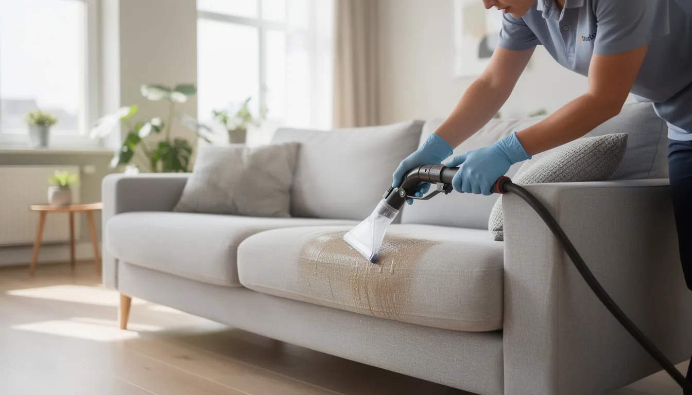 A professional cleaner is using specialized extraction equipment to deep clean a modern fabric sofa in a bright living room, ensuring the removal of dust, pet hair, and stubborn stains for a healthier indoor environment. This professional sofa cleaning service enhances the sofa's appearance and longevity while promoting better indoor air quality.