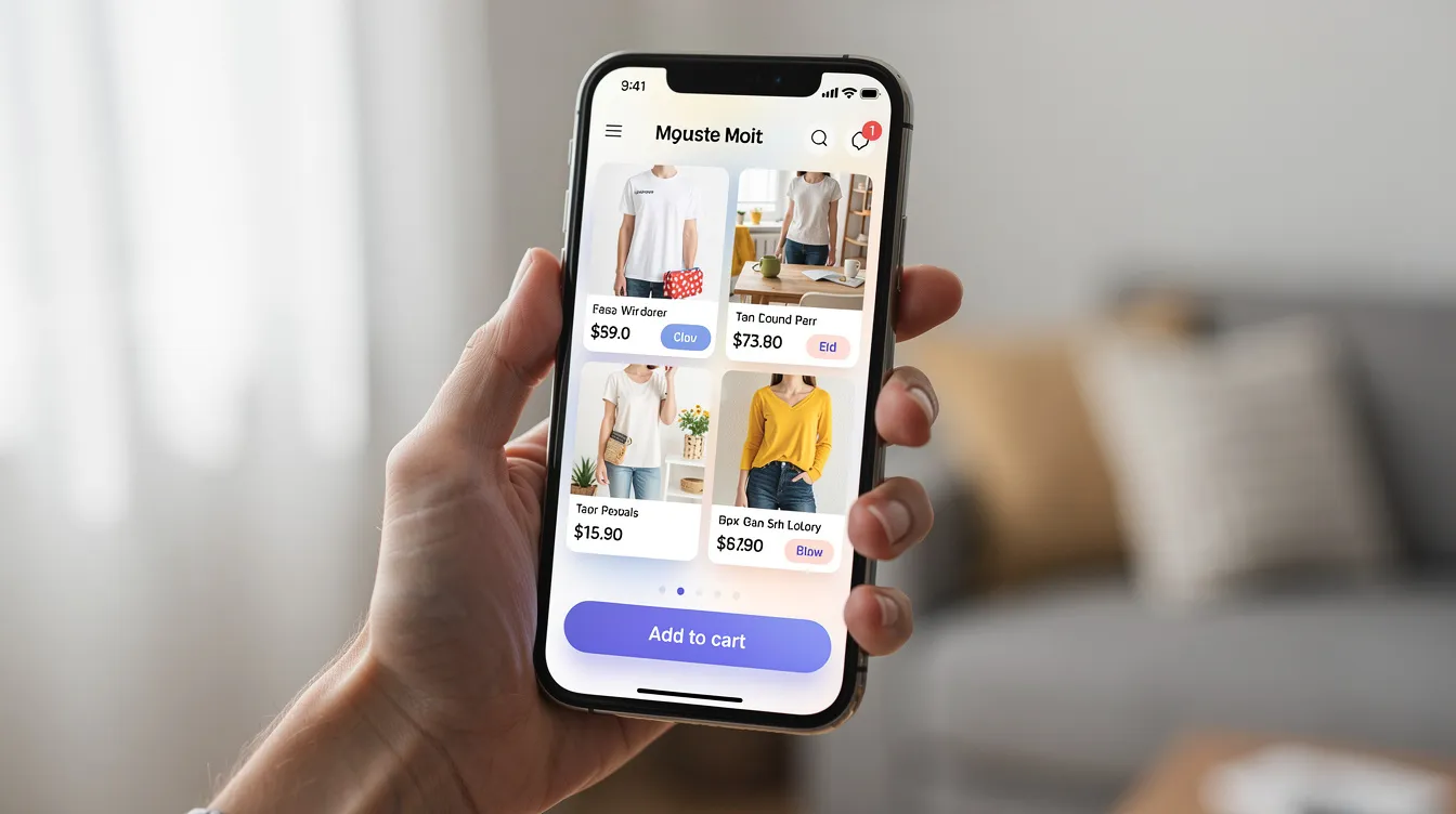 A person is seen shopping on their smartphone, interacting with a clean mobile ecommerce interface that displays vibrant product images and a prominent add-to-cart button, highlighting the user-friendly experience of modern ecommerce platforms. This image reflects the innovative solutions offered by ecommerce development services to enhance customer experience and boost online sales.
