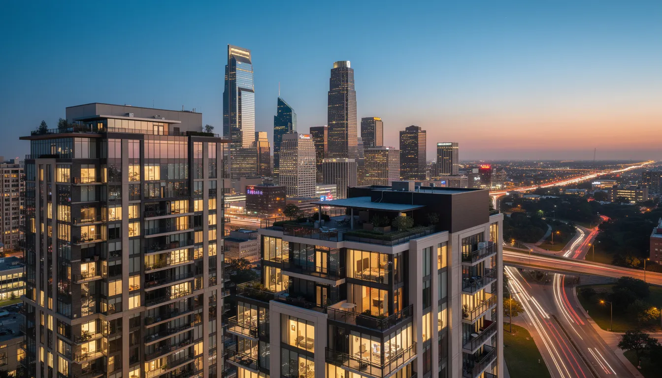 The image showcases the Houston skyline at dusk, with residential high-rise buildings prominently in the foreground. This scene reflects the vibrant multifamily properties in the city, highlighting the importance of restoration services for property managers and residents during times of disaster recovery and storm damage.