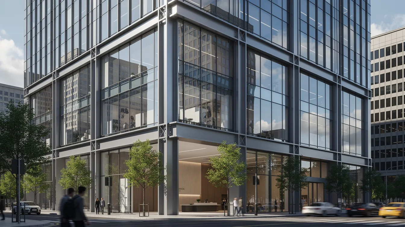 The image showcases a modern commercial building featuring reinforced window systems that reflect the surrounding urban environment. The glass windows are likely equipped with security window film or ballistic glass, designed to enhance safety and delay forced entry, providing effective protection against potential threats.