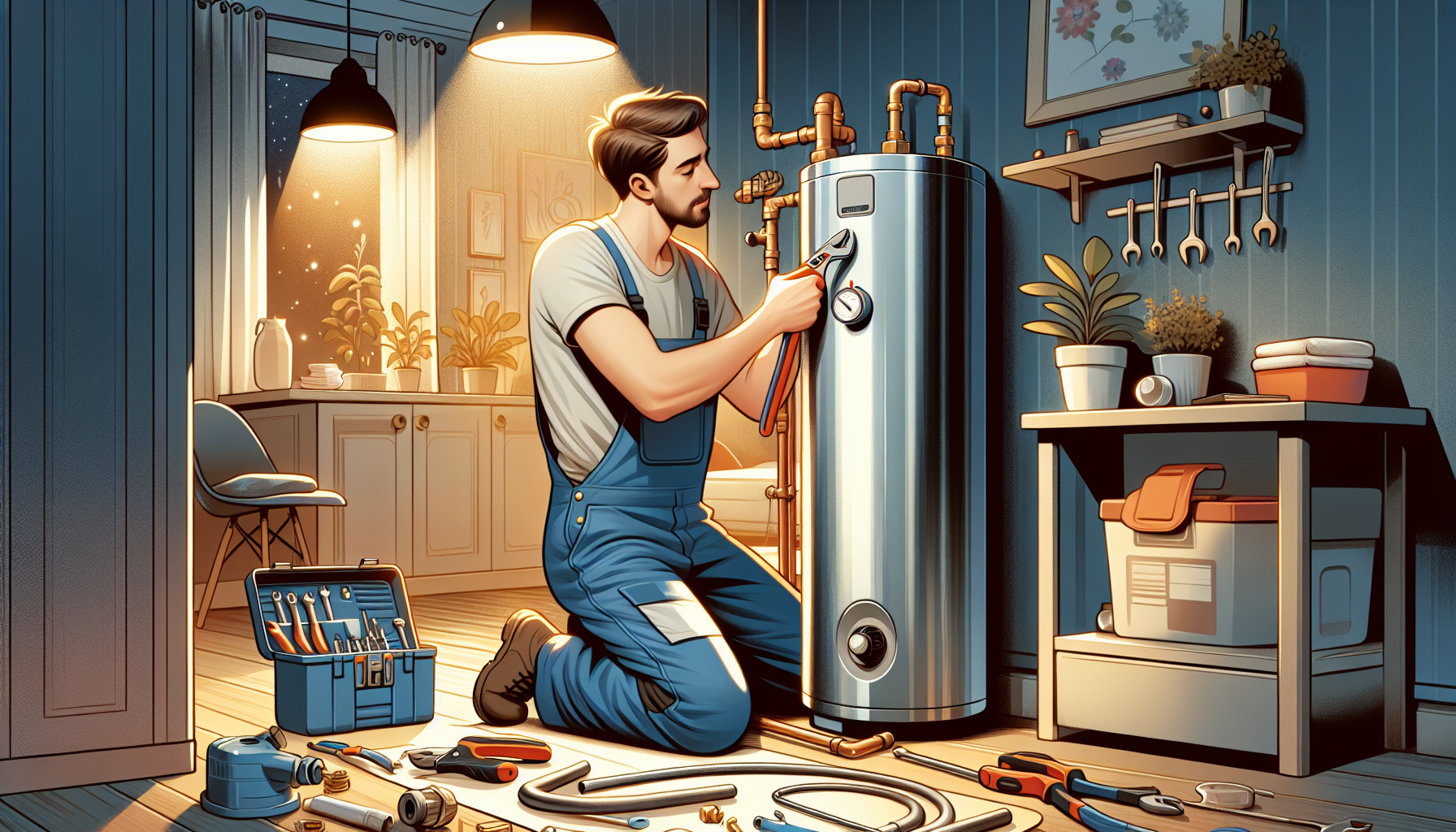 An illustration of a technician installing a gas water heating system.