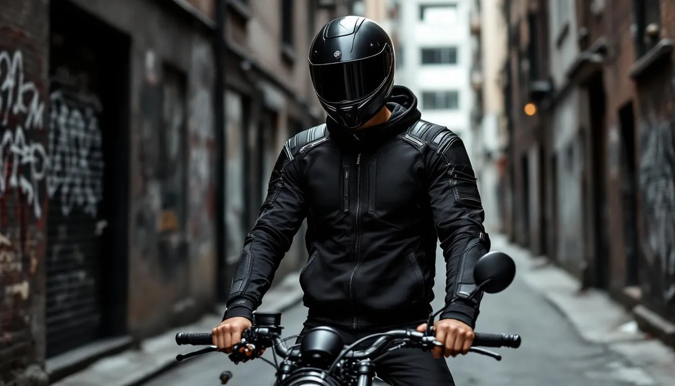 A rider confidently wearing a motorcycle armoured hoodie.