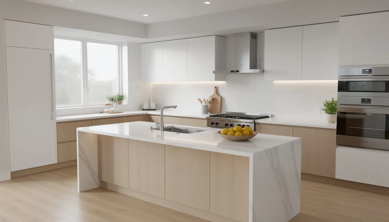 The image depicts a beautifully renovated modern kitchen featuring sleek new cabinets and elegant countertops, showcasing a blend of functionality and style. This inviting space reflects the quality and attention to detail often associated with property restoration services in Houston, TX.