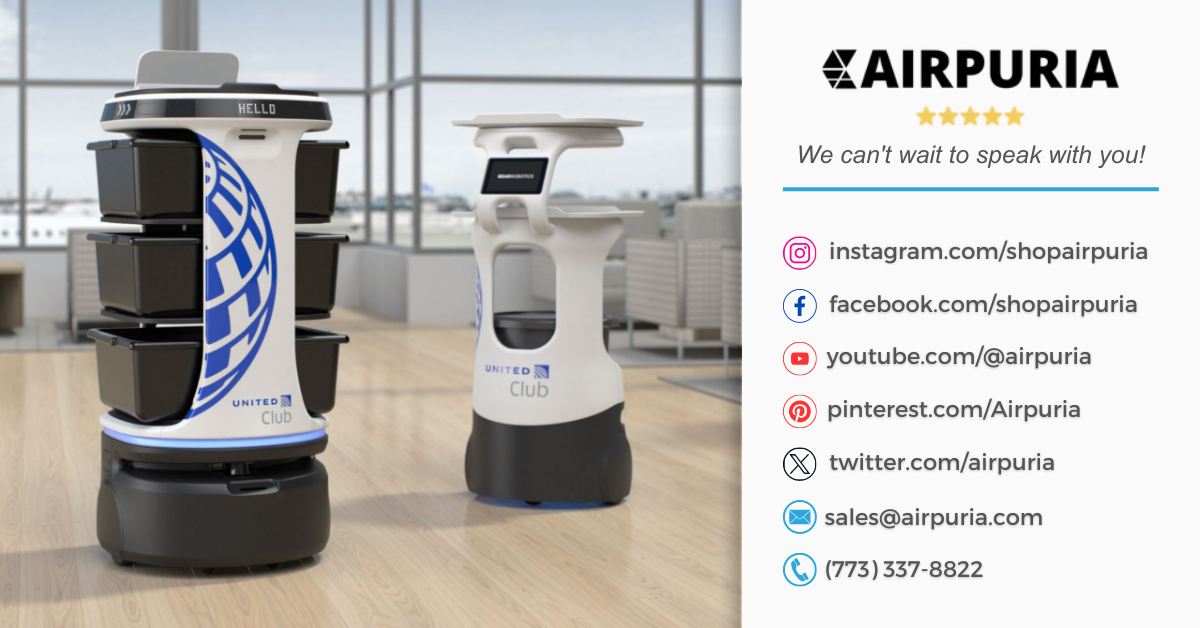 Photo of two Servi robots with Airpuria's contact information beside it.