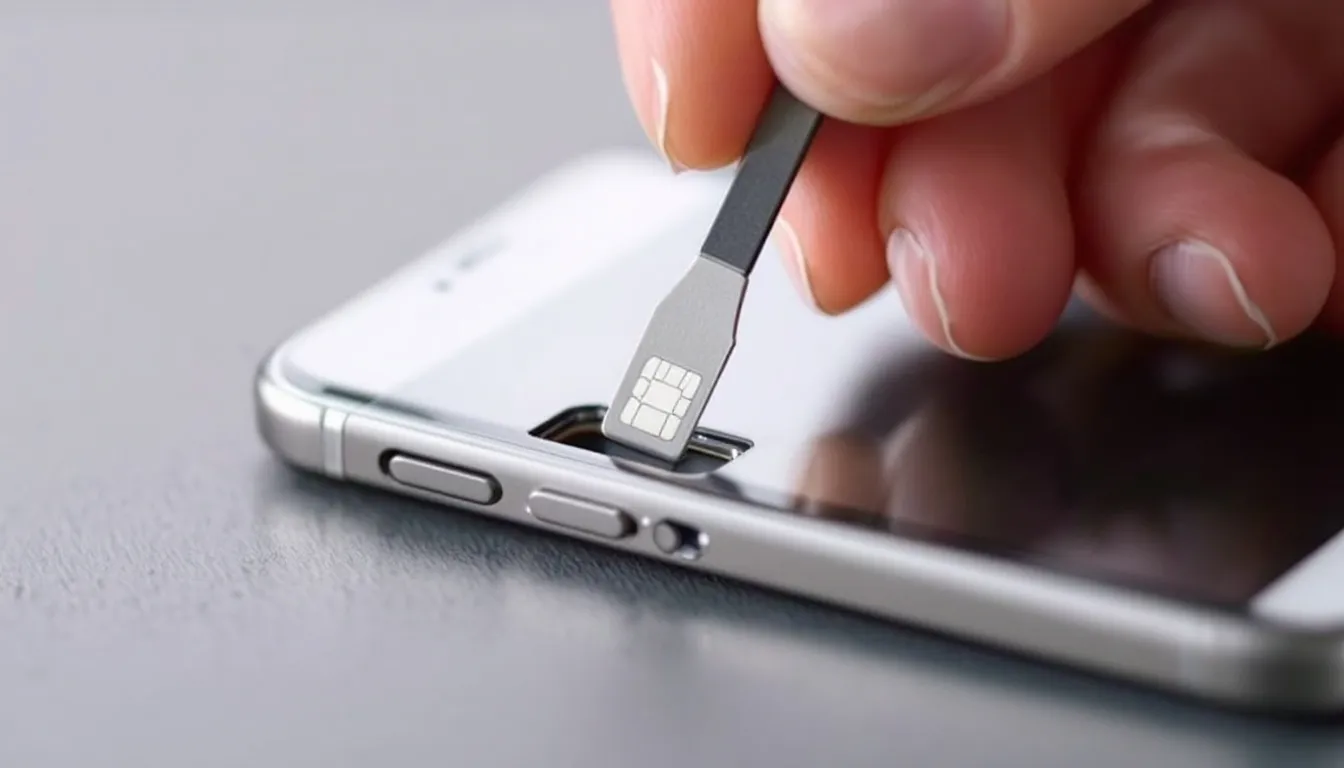 An individual is using a SIM card tool to remove a SIM card from an iPhone, which is essential for managing cellular service and resolving issues like being in SOS mode. The image highlights the careful process of handling the device to ensure it remains functional for making emergency calls and staying connected to the network.