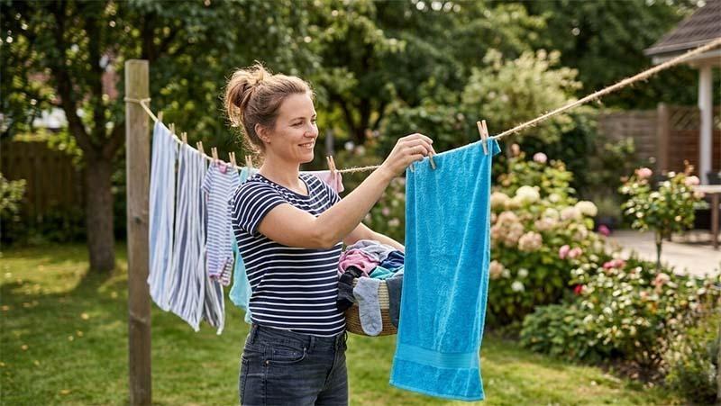 A woman air drying microfiber towels