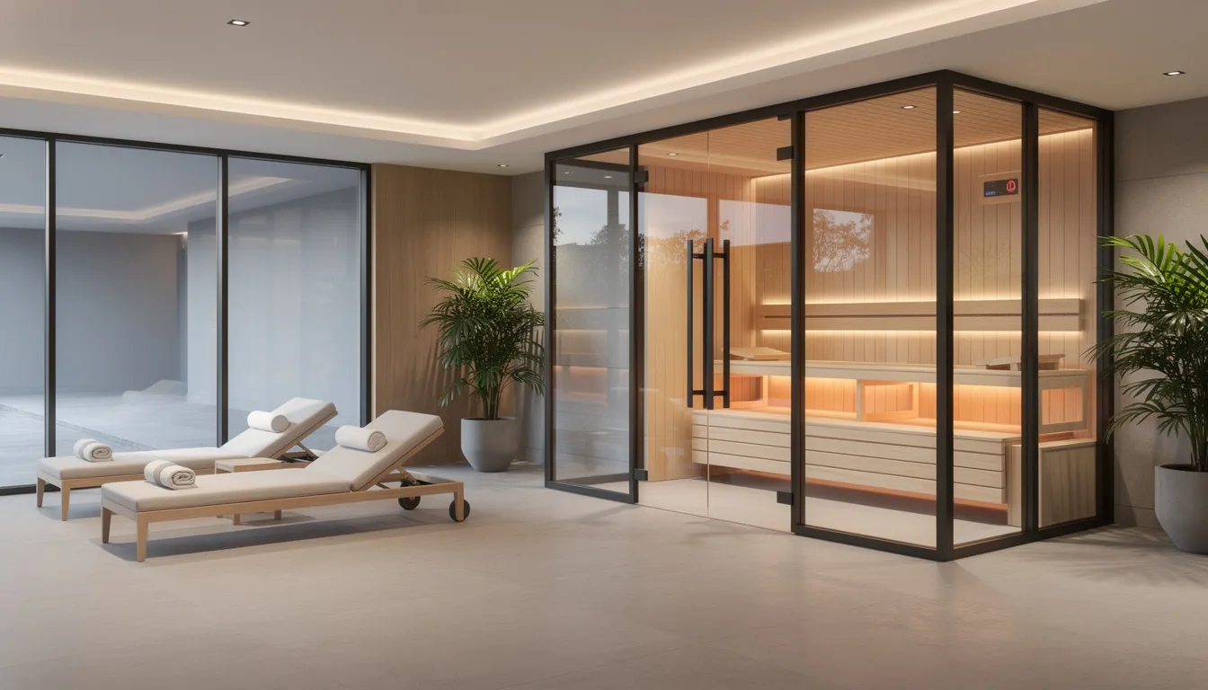 The image depicts a modern spa interior featuring a glass-walled sauna room, illuminated by soft ambient lighting. The sauna environment is designed for relaxation, showcasing high-quality tempered glass doors that provide a view into the warm and inviting space.