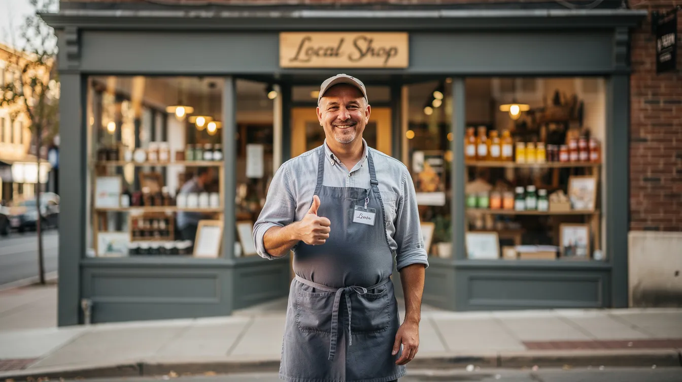 a4ee53e1 9217 4f7f 81c3 c1a52edadf7d A confident small shop owner stands in front of their store, giving a thumbs up, symbolizing success and customer satisfaction. This image reflects the importance of customer understanding and responsible business practices in the context of financial assistance and insurance products.