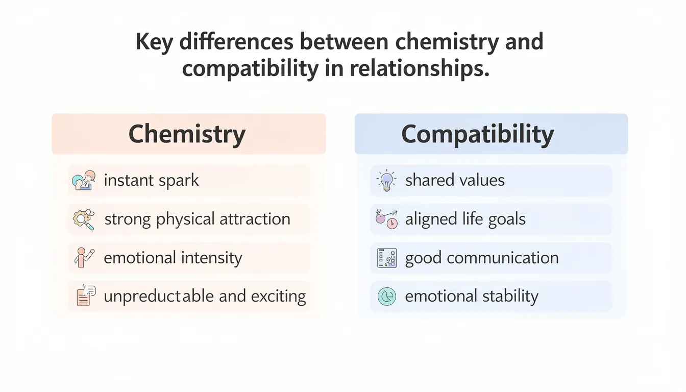 The infographic presents a comparison between chemistry and compatibility in relationships, highlighting key differences such as attraction versus shared values. It emphasizes the importance of mutual respect and understanding for a healthy, long-term partnership.