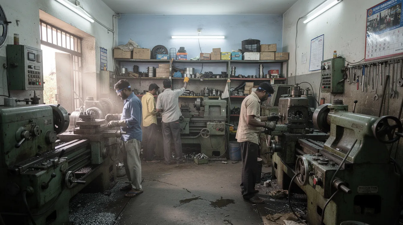 a4ef2d64 f353 4b31 97d7 2c4de8797992 The image depicts a small Indian manufacturing workshop bustling with activity, featuring various machines and workers engaged in production tasks. The scene reflects the company's financial health and operational efficiency, essential for informed lending decisions and financial analysis in a competitive market.