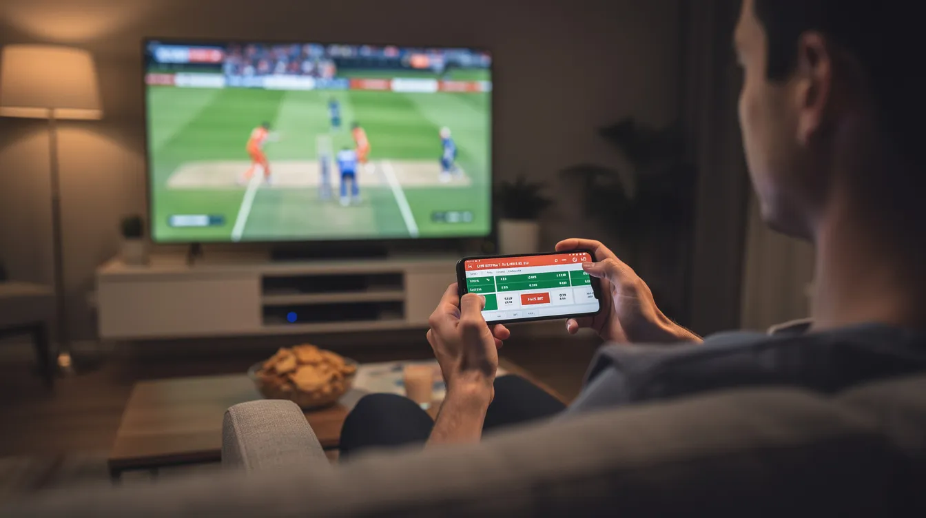 A person is sitting comfortably, using a smartphone to place mobile bets on cricket while watching a match on TV. The scene captures the excitement of online sports betting, illustrating the integration of modern technology with popular betting sites for a seamless betting experience.