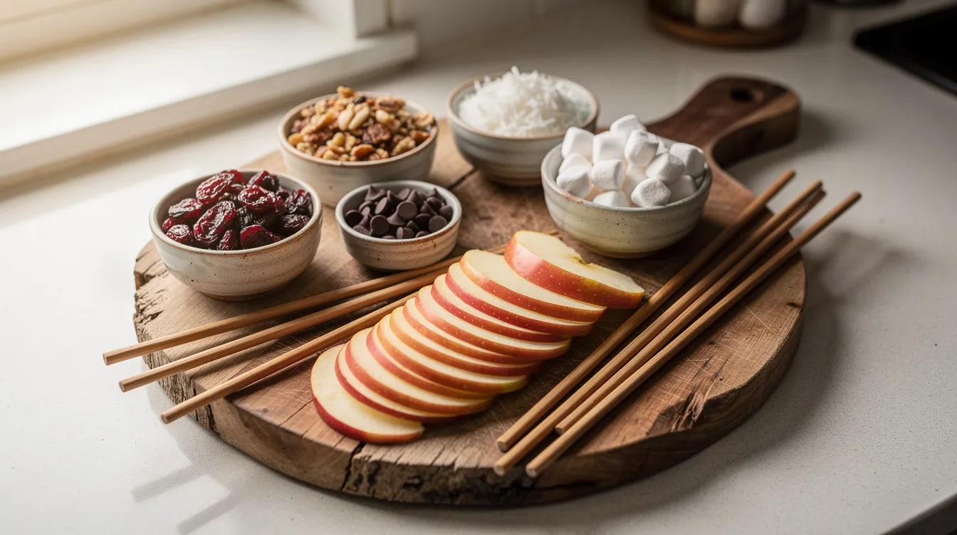 A rustic wooden serving board is beautifully arranged with small ceramic bowls filled with colorful toppings such as chocolate chips, crushed peanuts, and shredded coconut, alongside fresh apple slices ready for a DIY caramel apple bar. The kitchen counter setting adds a warm, inviting touch to this delicious dessert display.