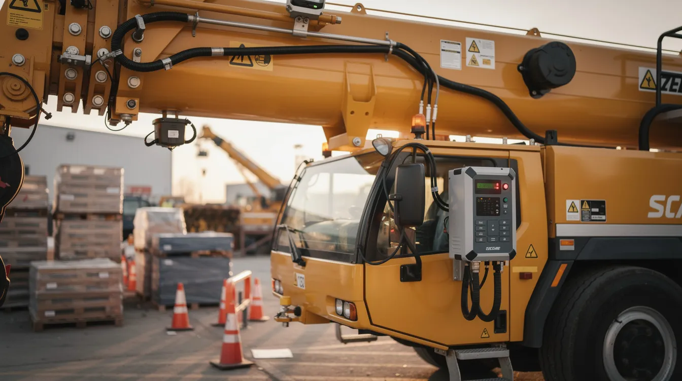 The image features a close-up view of a mobile crane boom equipped with advanced sensors and a telematics unit mounted on the cab, set within a construction staging area. This setup emphasizes the importance of construction safety and the use of emerging technologies for enhancing site safety and compliance in the construction industry.