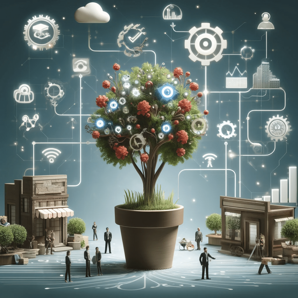 Árbol digital simboliza crecimiento PYME con IA. Recursos humanos redes sociales empresa derechos procesos clientes | Posiciona.Digital