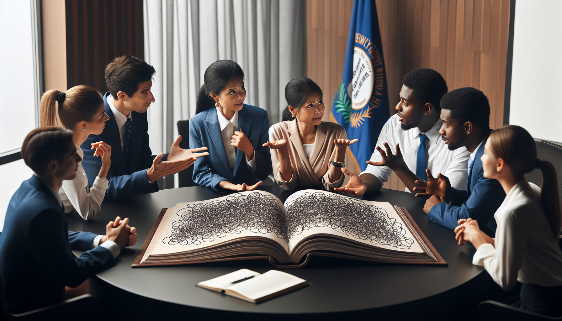 An illustration of a group of employees discussing a handbook, representing the importance of employee handbooks in Kentucky.