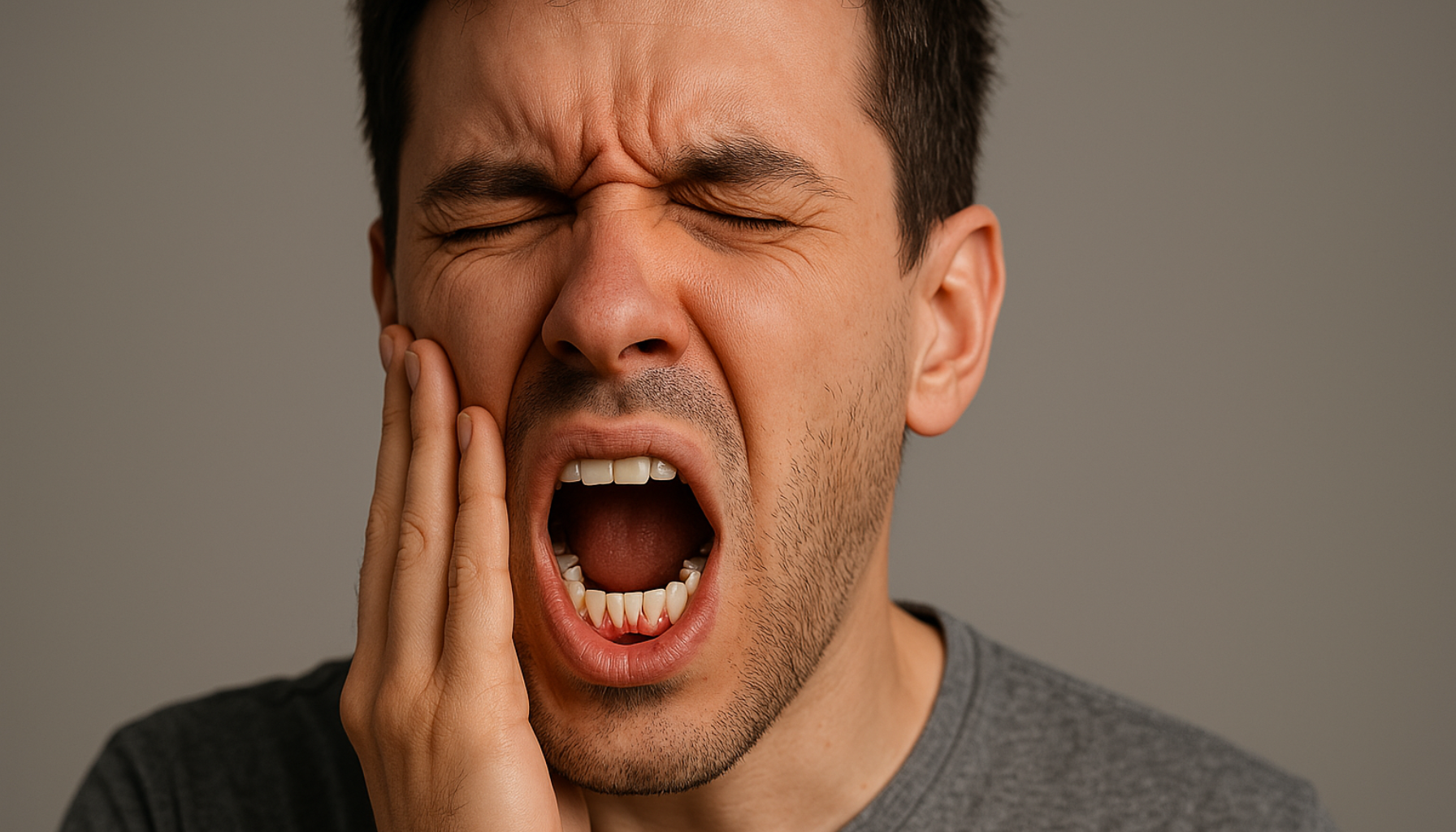 Ung mann med smertefullt uttrykk holder kinnet mens han opplever sterke tannplager etter trekking med tørr sokkel.