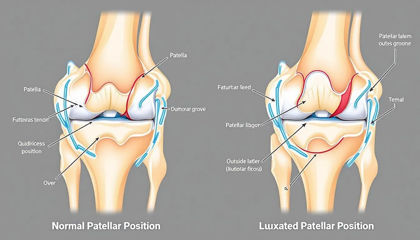 An anatomical diagram illustrates the normal position of the patella in the knee joint compared to its luxated position, highlighting both medial and lateral patellar luxation. The image provides a visual reference for understanding patellar luxation in dogs, including the potential impact on the stifle joint and the associated clinical signs.