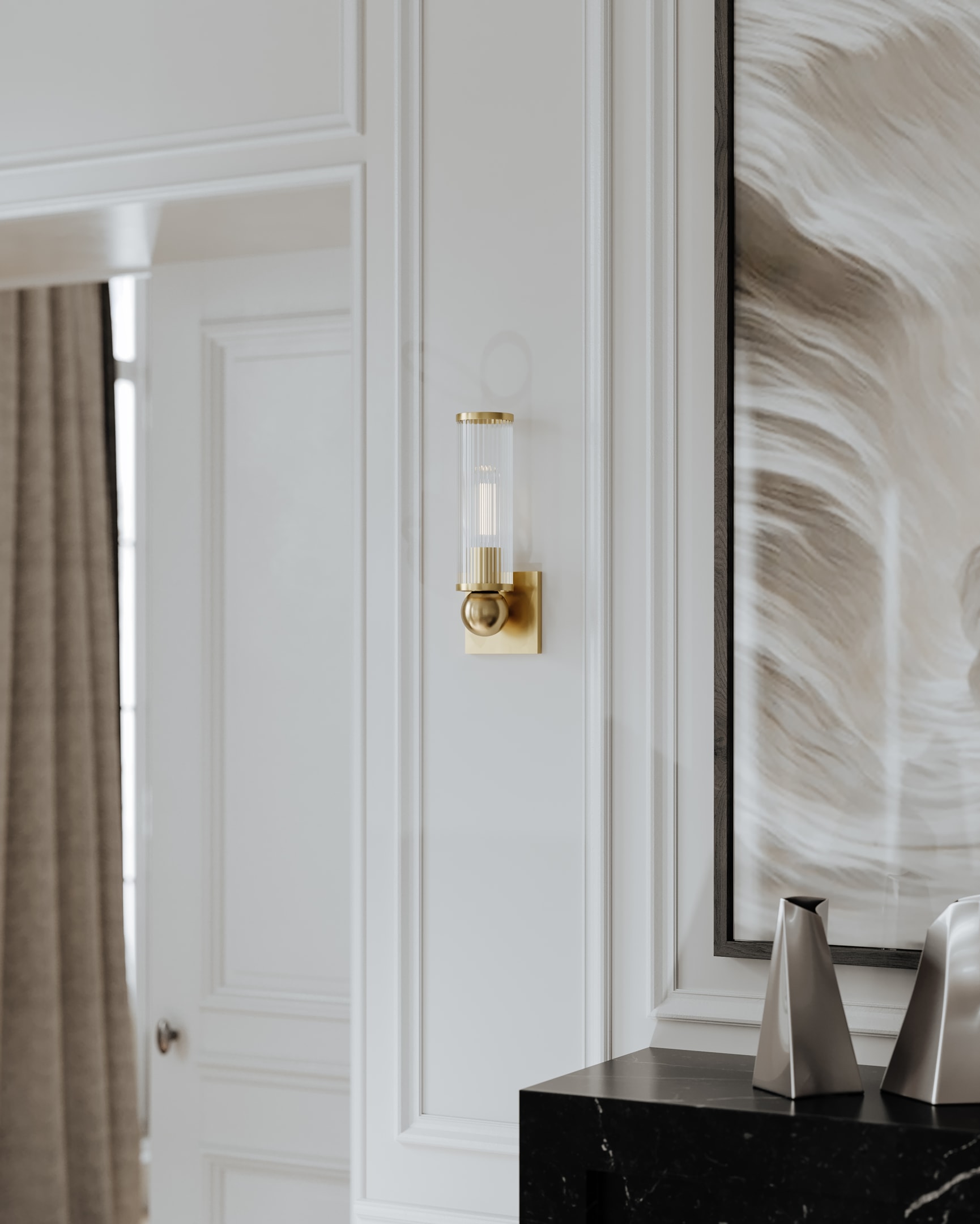 Elegant Malone 1 Light Wall Sconce with aged brass finish and glass shade, mounted on a white panelled wall, perfect for adding warmth and style to modern or transitional spaces.